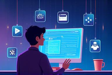 Illustration of a person learning online with digital icons